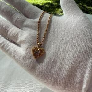 Vintage Nina Ricci Necklace Heart 22kt Gold Plated Signed Swarovski Crystals